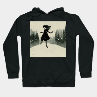 Girl excited and playing in the snow as the flakes begin to fall. Hoodie